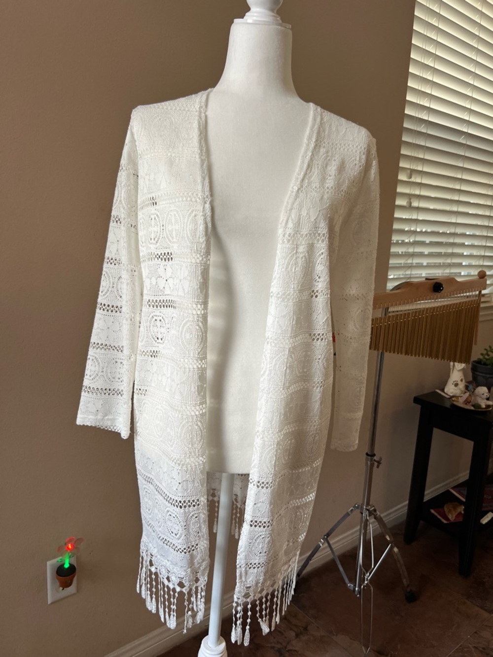 White Crochet Fringe Kimono Cardigan- one size fits all